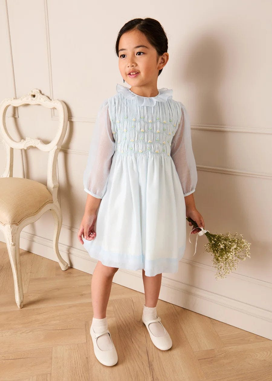 Daisy Embroidered Hand Smocked Long Sleeve Dress in Blue (18mths-8yrs)