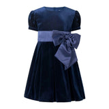 Crushed Velvet Bow Ribbon Tie Short Puff Sleeve Dress
