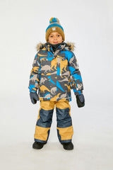 Two Piece Play Snowsuit Grey and Blue Dinosaur Print with Yellow Pants