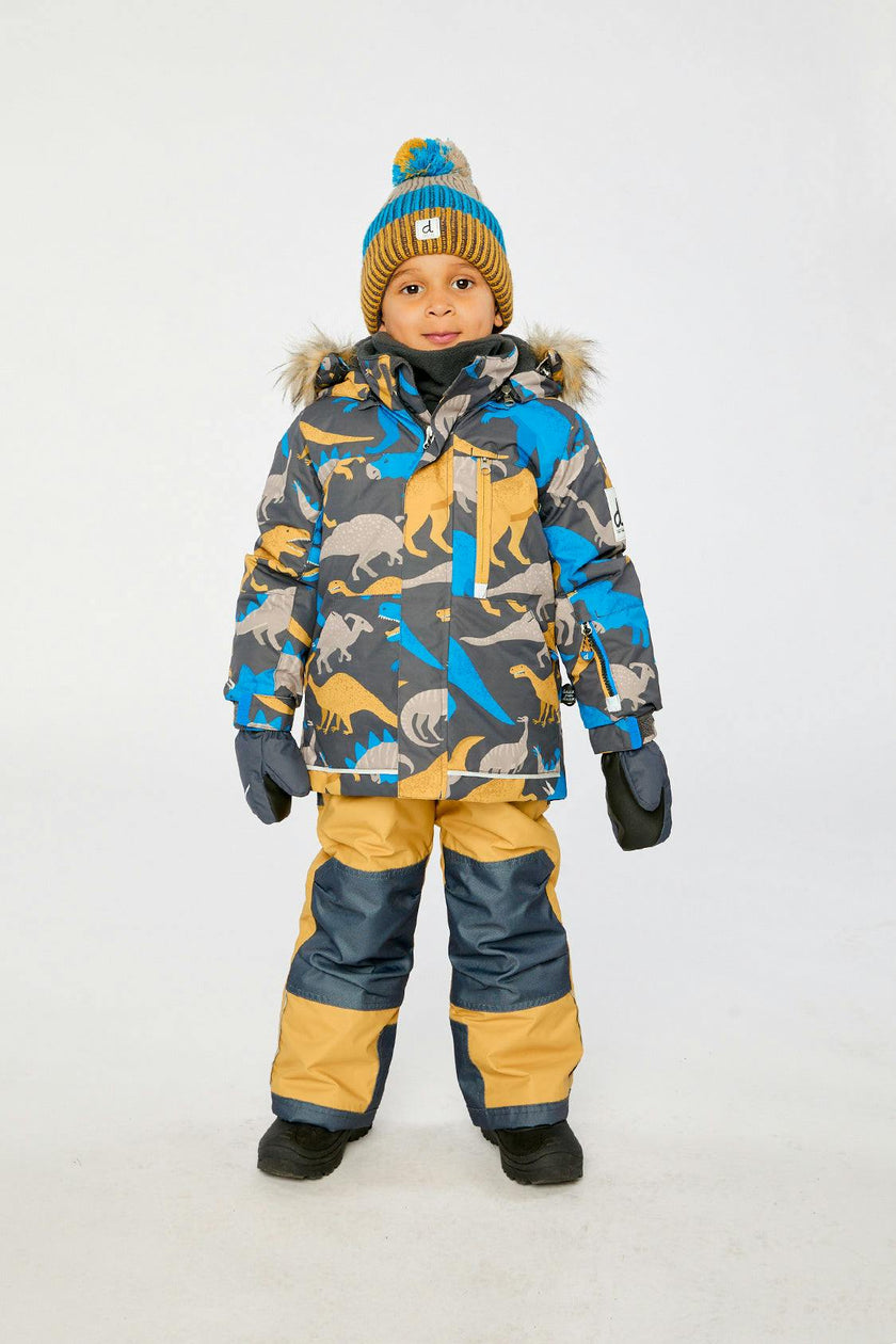 Two Piece Play Snowsuit Grey and Blue Dinosaur Print with Yellow Pants