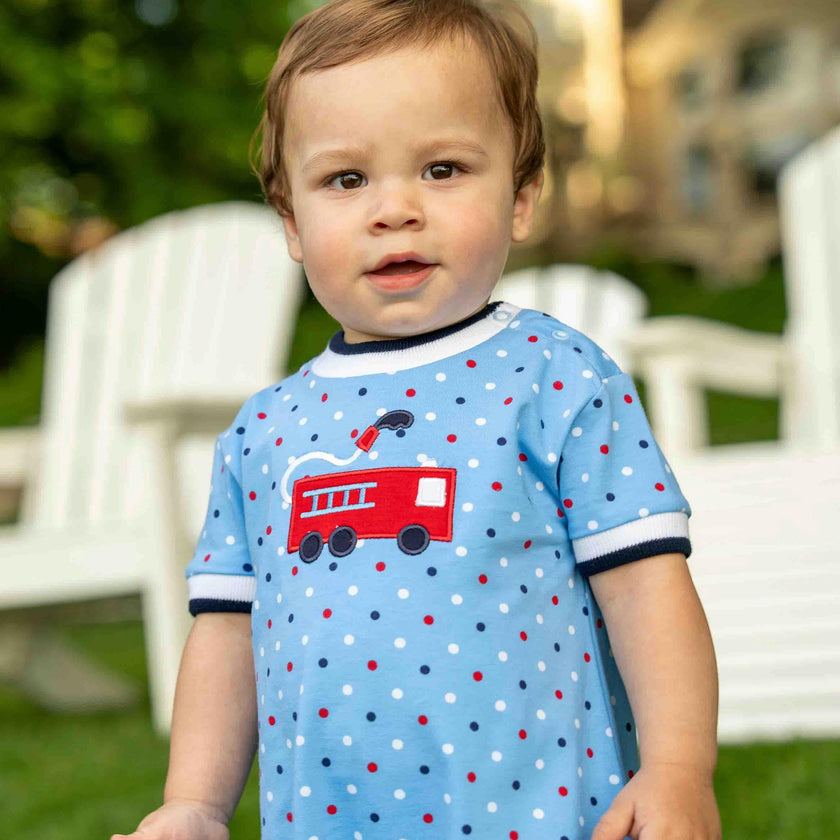 Printed Knit Shortall With Fire Truck