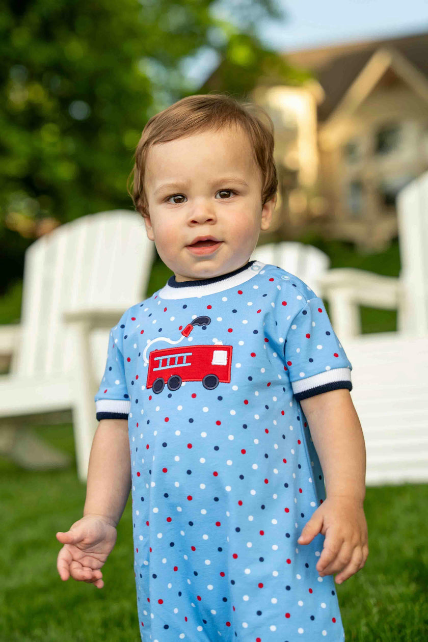 Printed Knit Shortall With Fire Truck
