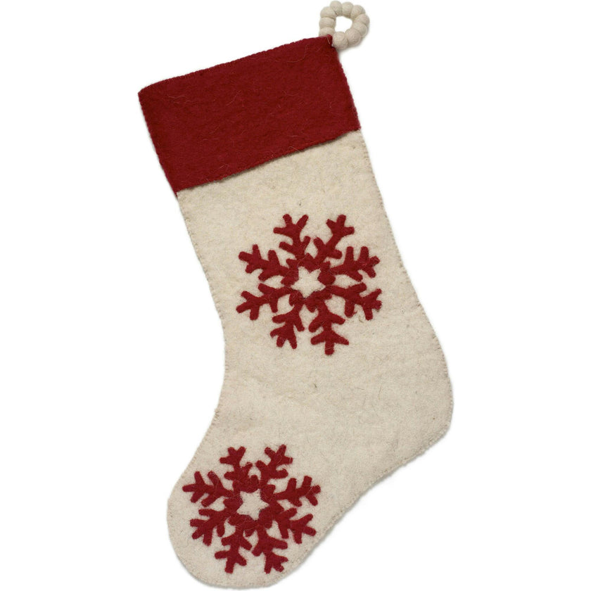 Hand Felted Wool Christmas Stocking Red Snowflakes Cream