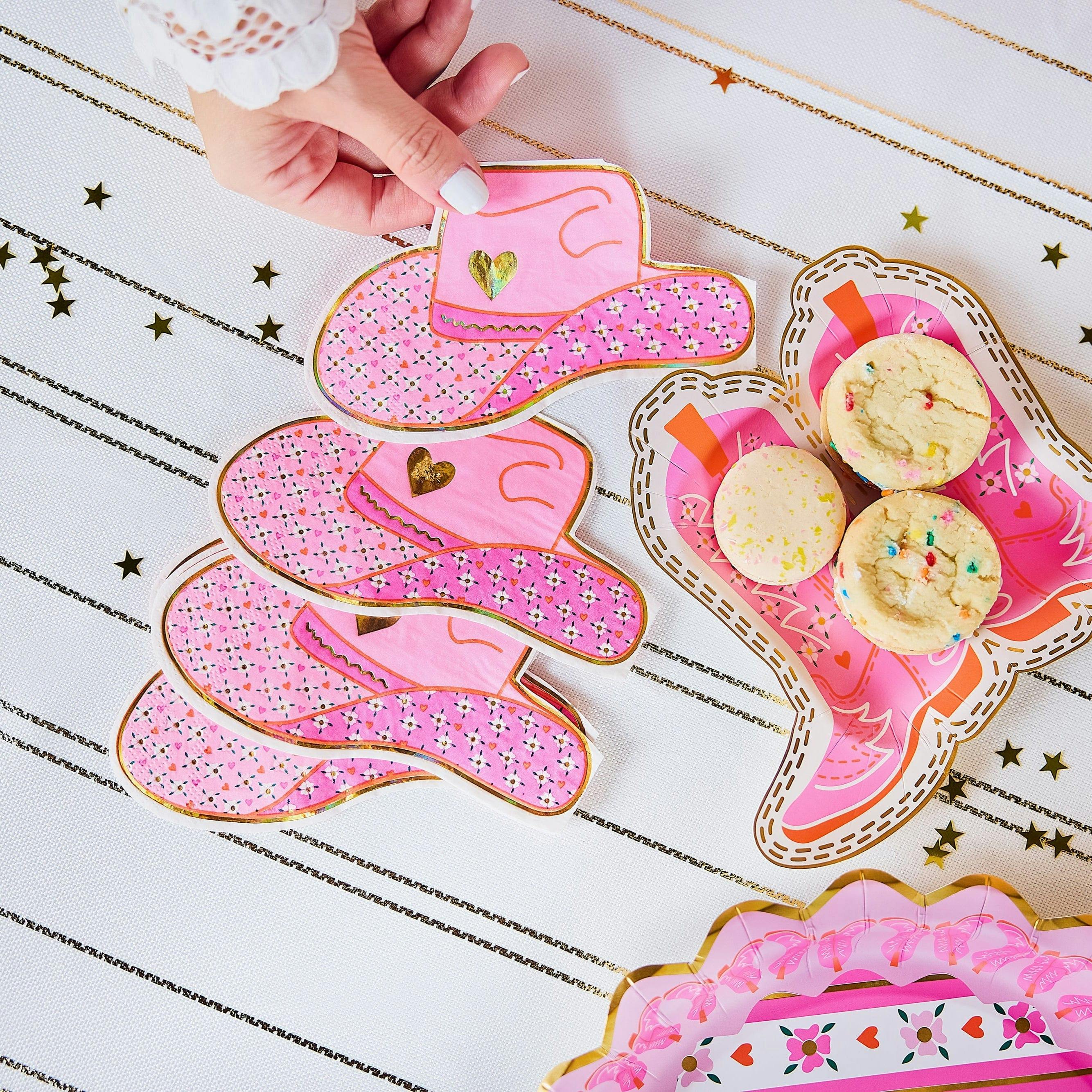 Packed Party Hey Cowgirl Die-Cut Cowboy Hat Dessert Napkins 20ct - Gold Foil Pink Hat-Shaped 3-Ply Napkins for Western Parties