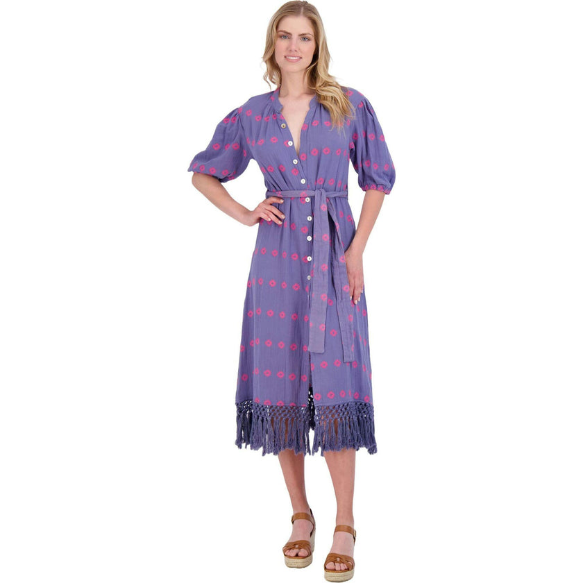 Women's Estelle Periwinkle Embroidered Fringed Shirt Dress, Blue