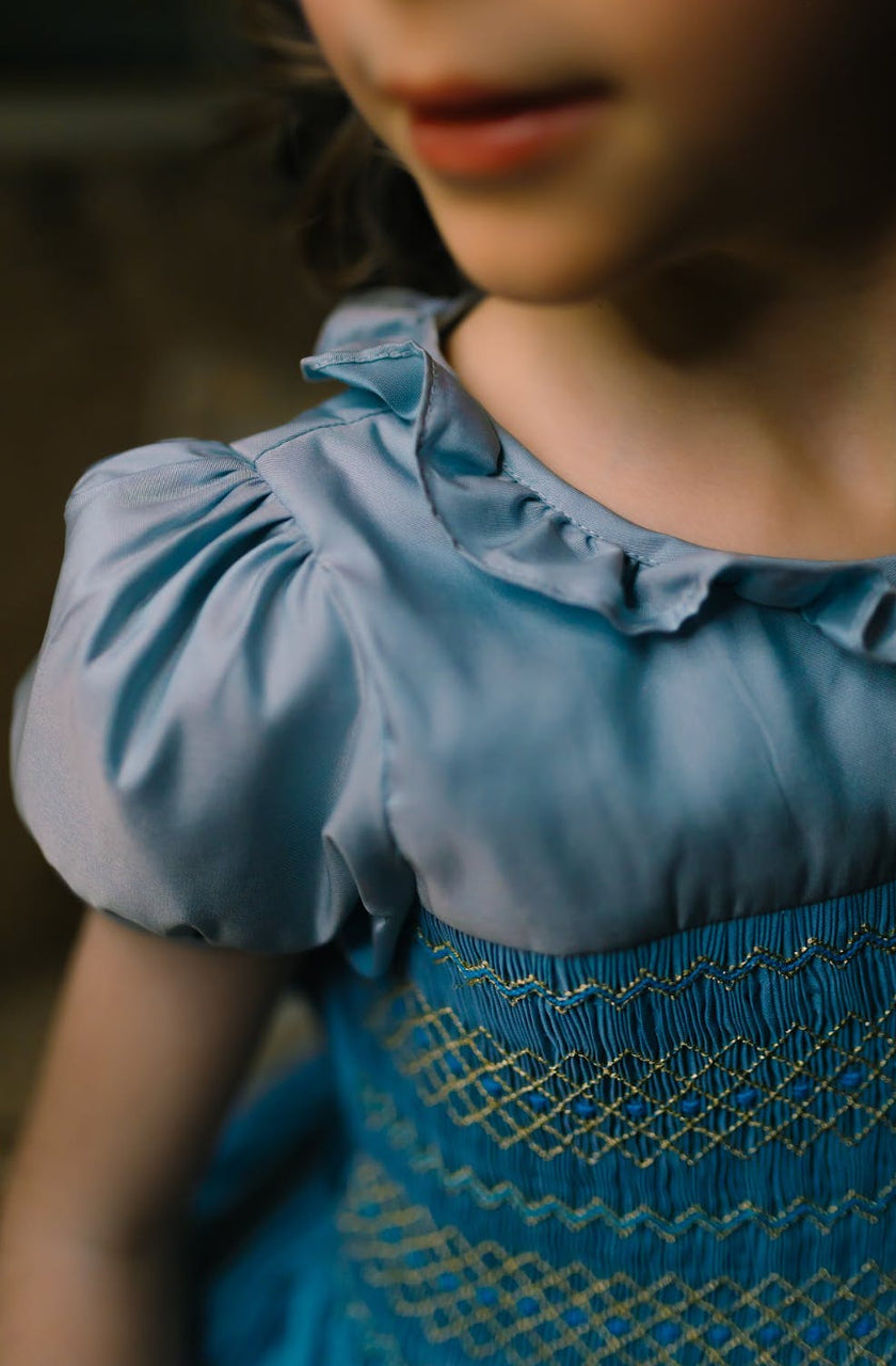 Astrid Blue Taffeta Smocked Girl Dress