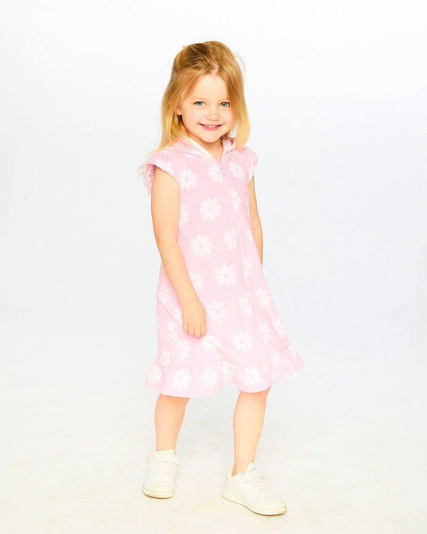 Terry Cloth Beach Hoodie Dress Pink Printed Flowers