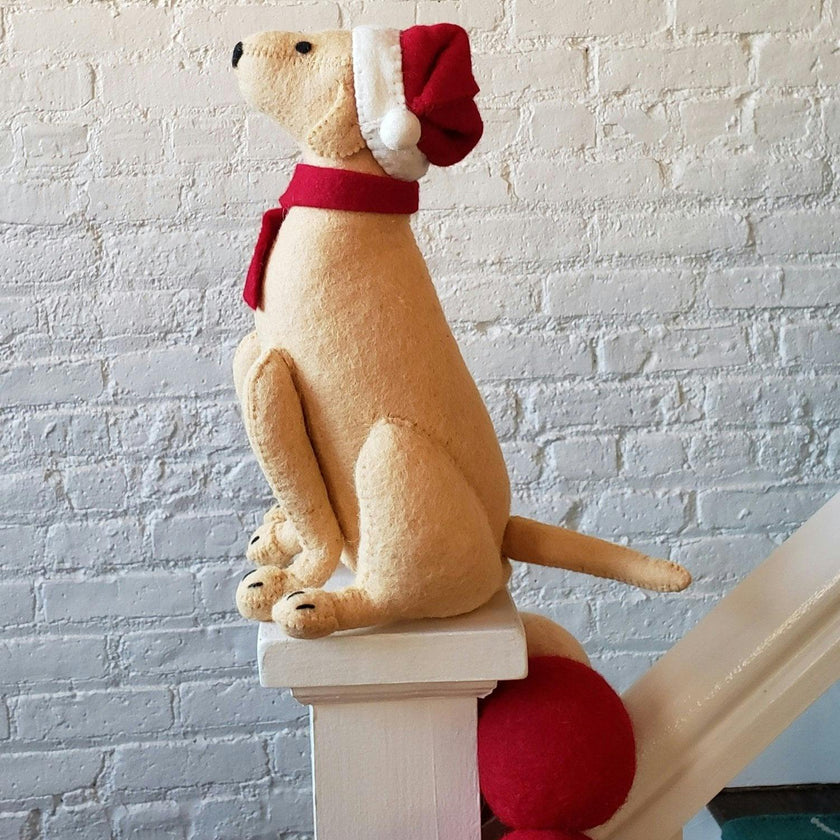 Tan Yellow Lab with Santa Hat Christmas Tree Topper in Hand Felted Wool