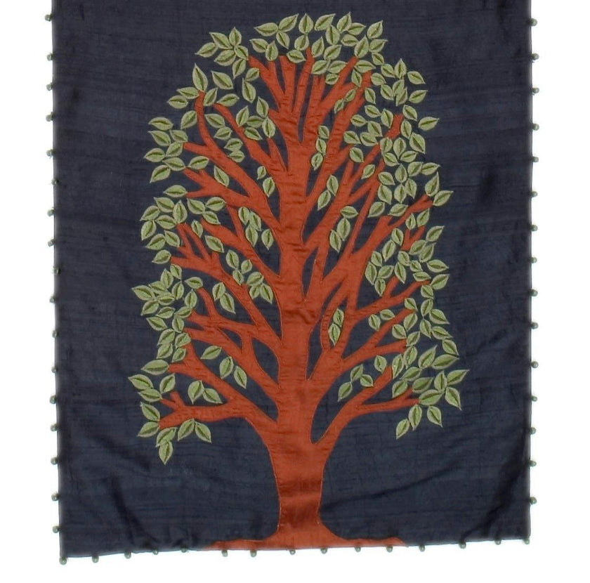 Handmade Navy Silk Table Runner Tree of Life Embroidery and Hand Beading - 18"x72"