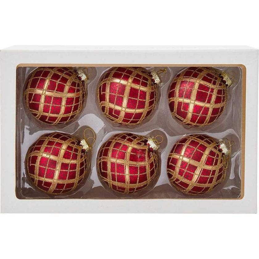 80MM Red with Gold Plaid Glass Ball Ornaments
