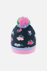 Winter Knit Hat With Pompom Blue Floral Print