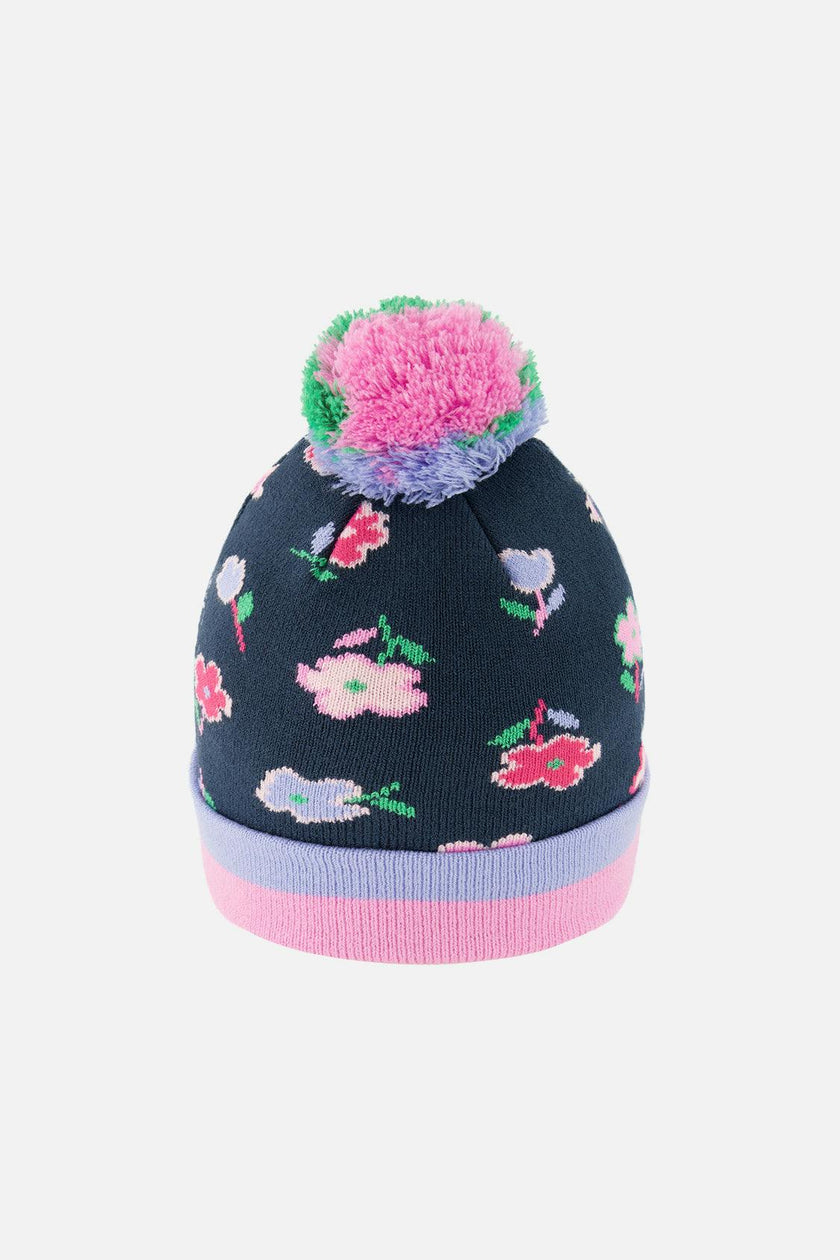 Winter Knit Hat With Pompom Blue Floral Print