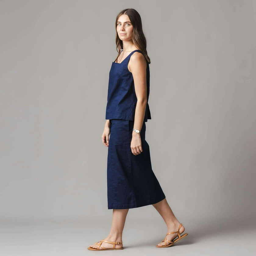 Linen Button Front Skirt, Blue