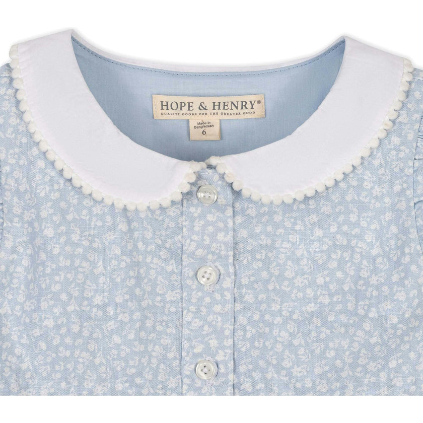 Ruffle Sleeve Linen Dress with Peter Pan Collar, Blue