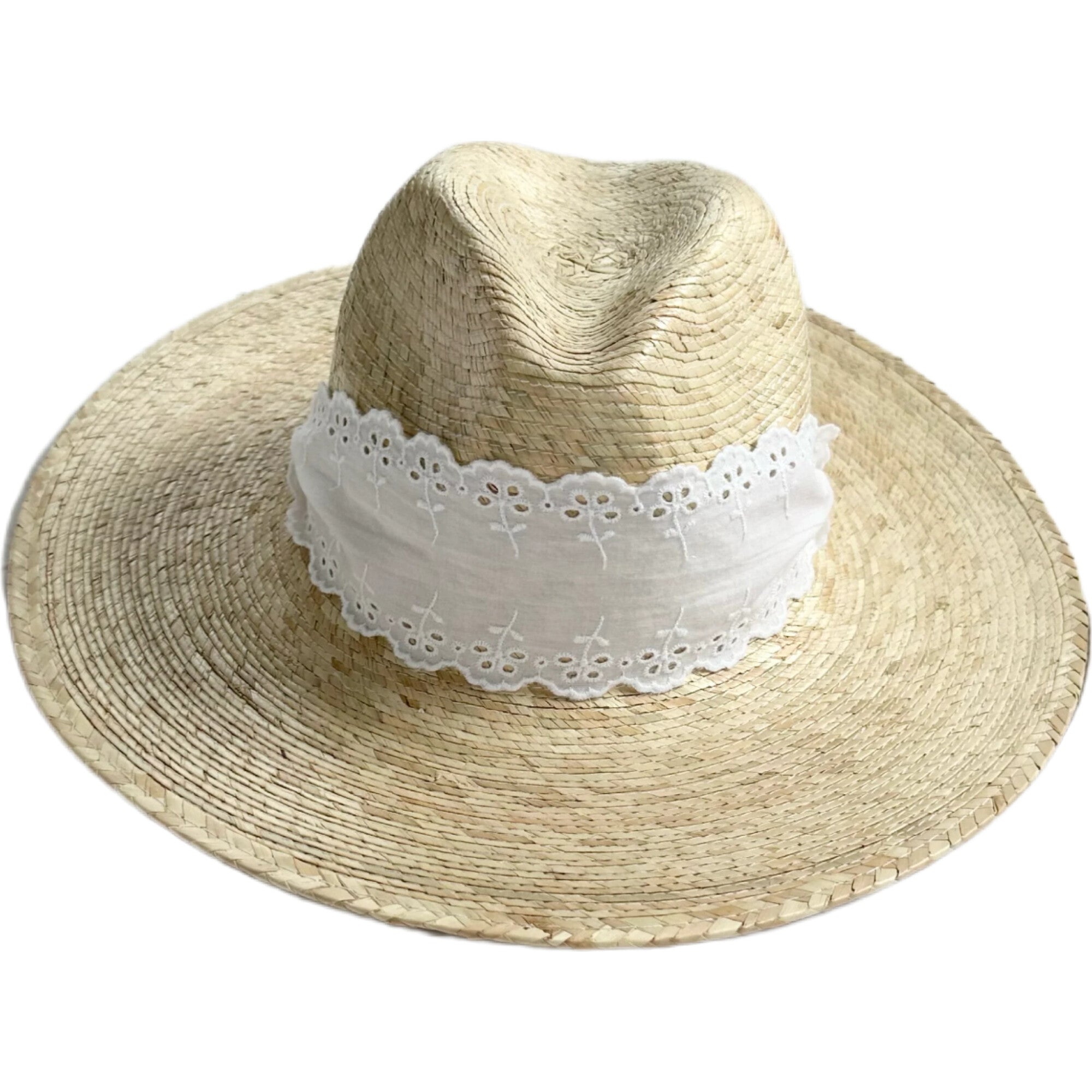 Women's Zinnia Wide & Short Brim Lace Eyelet Ribbon Sun Hat, White