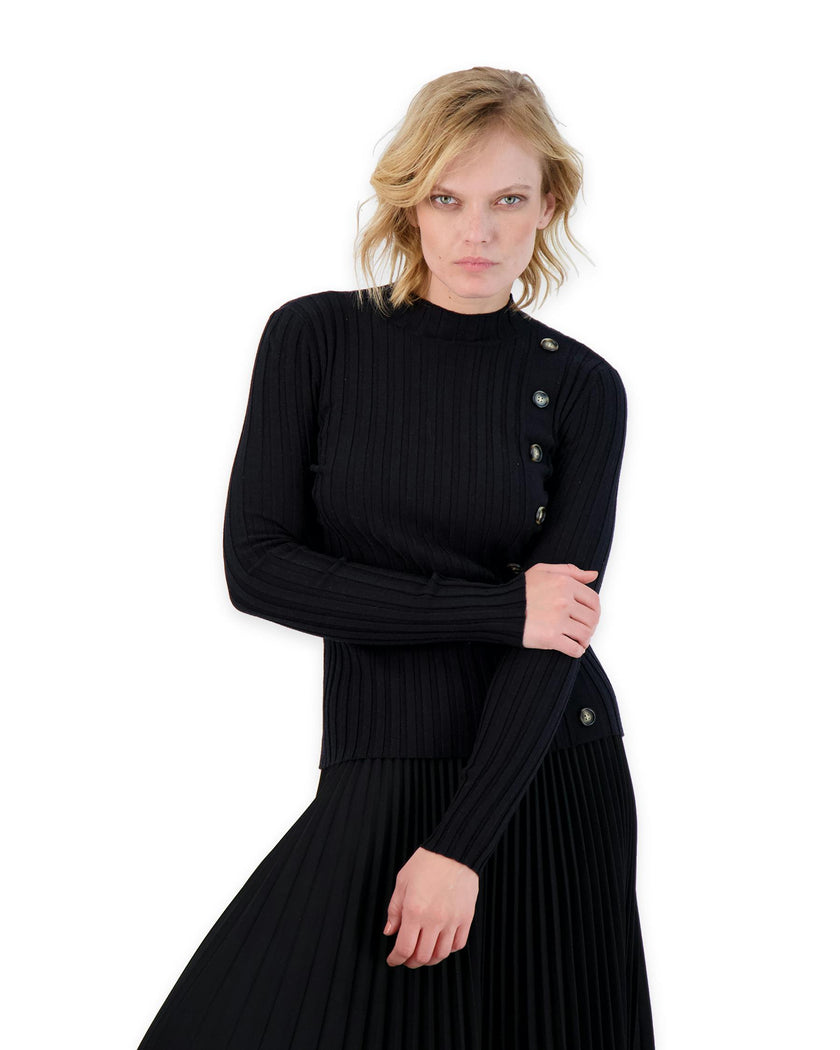 Mock Neck Ribbed Button Top