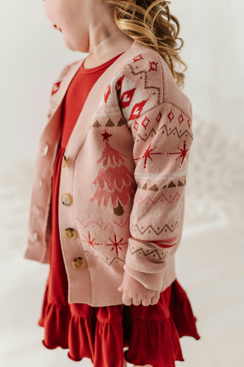 Girls Long Sleeve Jacquard Christmas Knit Sweater in Reindeer