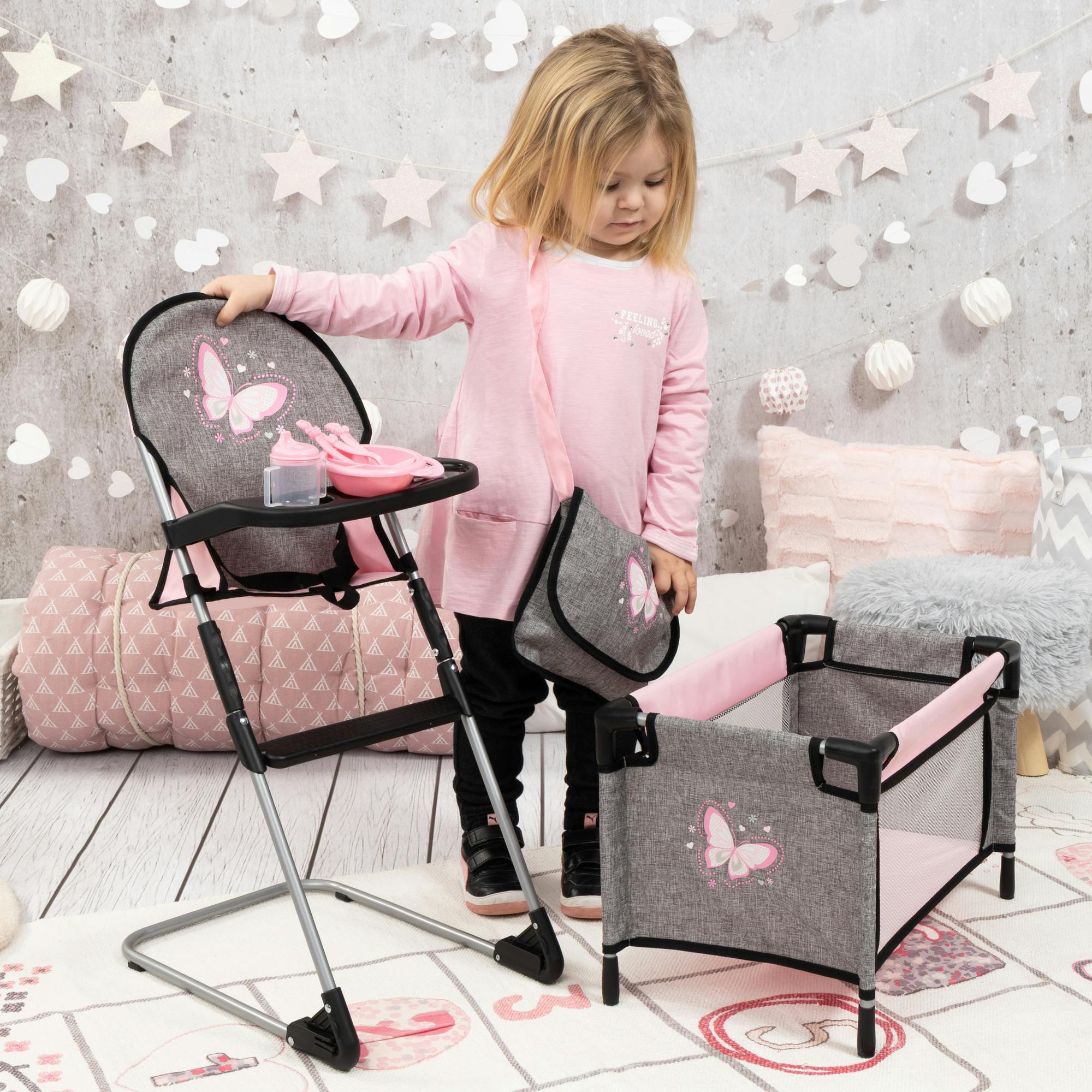 Bayer Design Dolls: 9-In-1 Travel Bed Set - Grey, Pink, Butterfly
