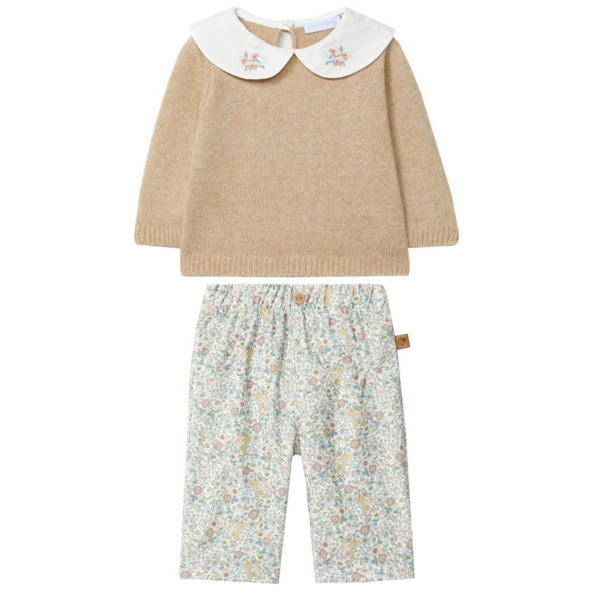 LARANJINHA Embroidered Collar Baby Set - Beige