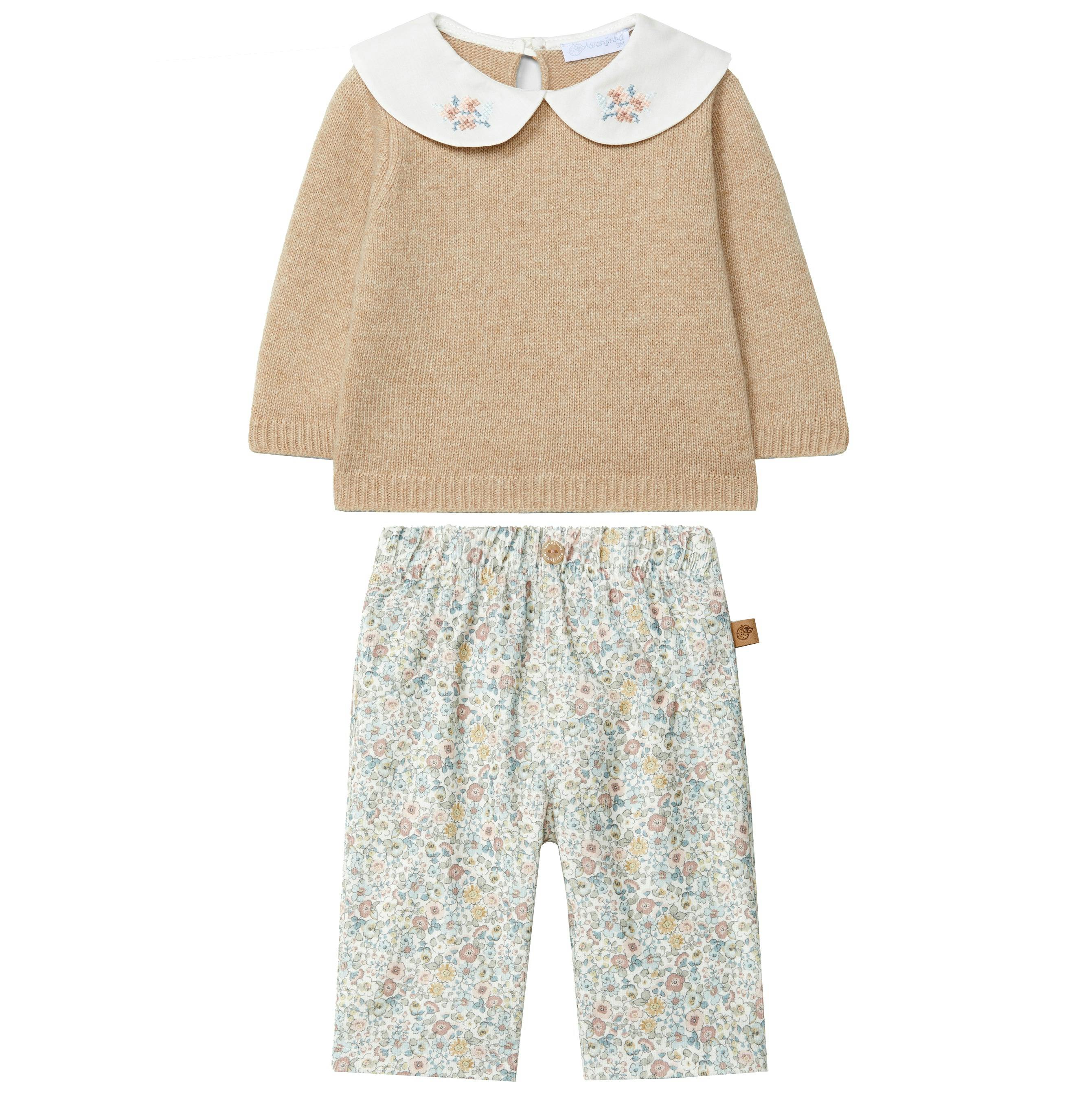LARANJINHA Embroidered Collar Baby Set - Beige