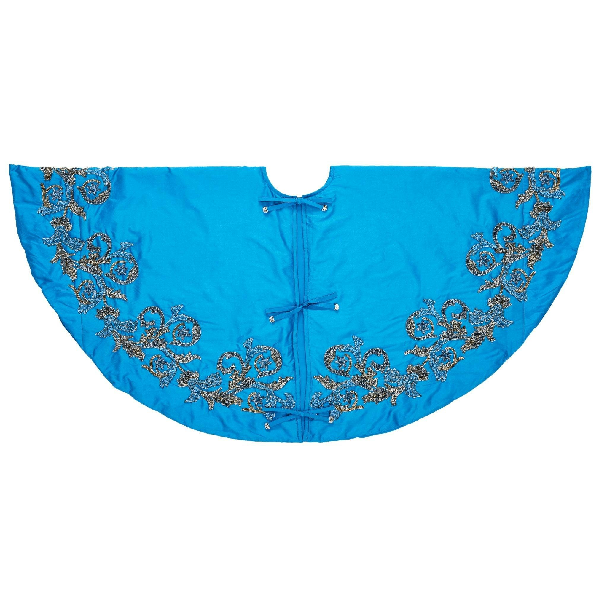 Hand Beaded Imperial Blue Silk Christmas Tree Skirt Blue 60