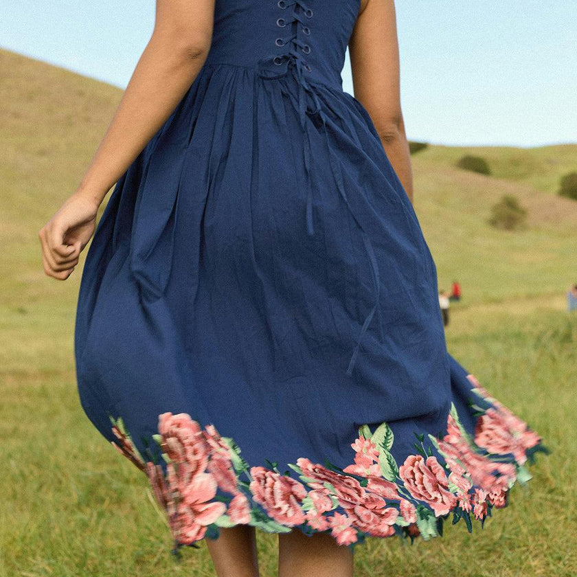 Clarissa Dress in Midnight with Red Flowers