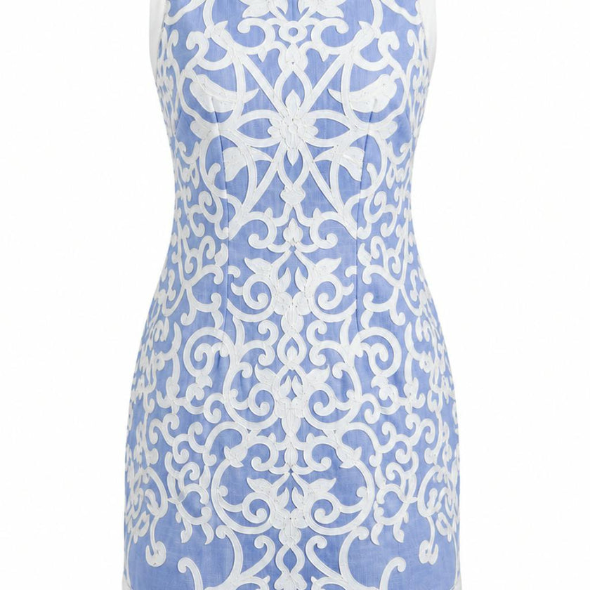 Janie Coastal Blue Scroll Embroidery Mini Dress