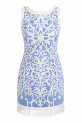 Janie Coastal Blue Scroll Embroidery Mini Dress