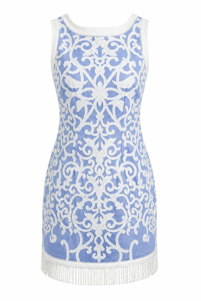 Janie Coastal Blue Scroll Embroidery Mini Dress