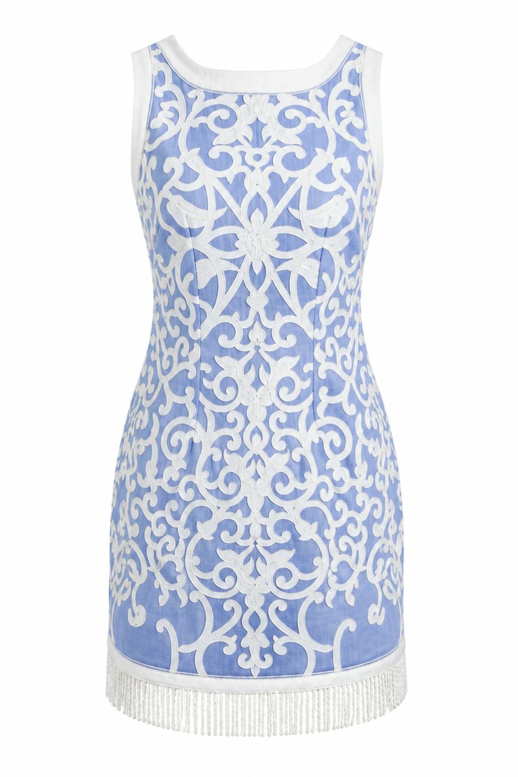 Janie Coastal Blue Scroll Embroidery Mini Dress