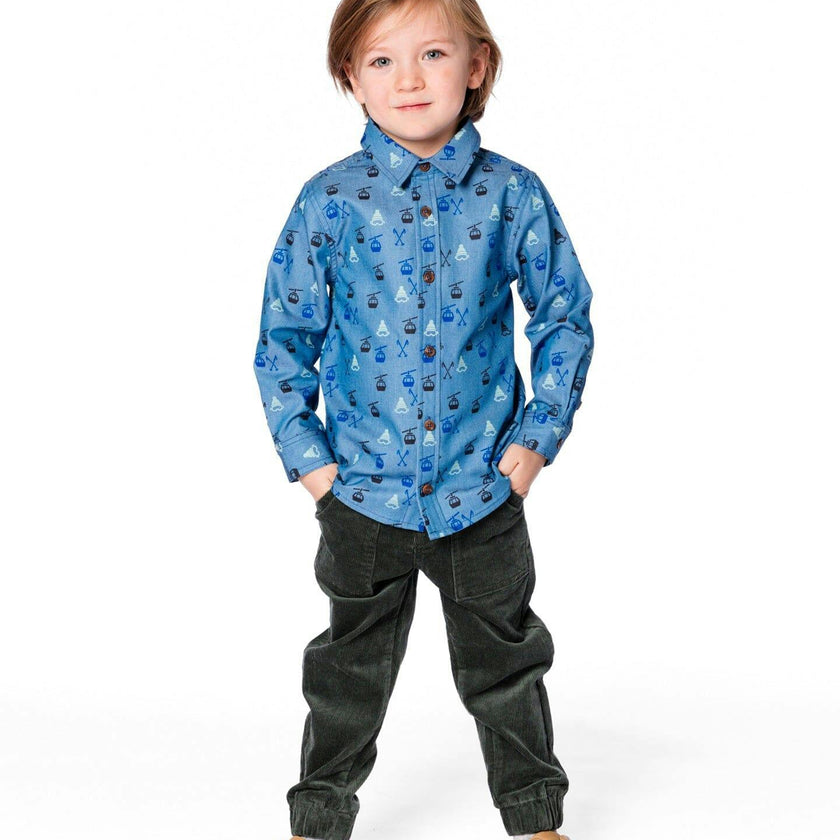 Printed Long Sleeve Button Front Chambray Shirt