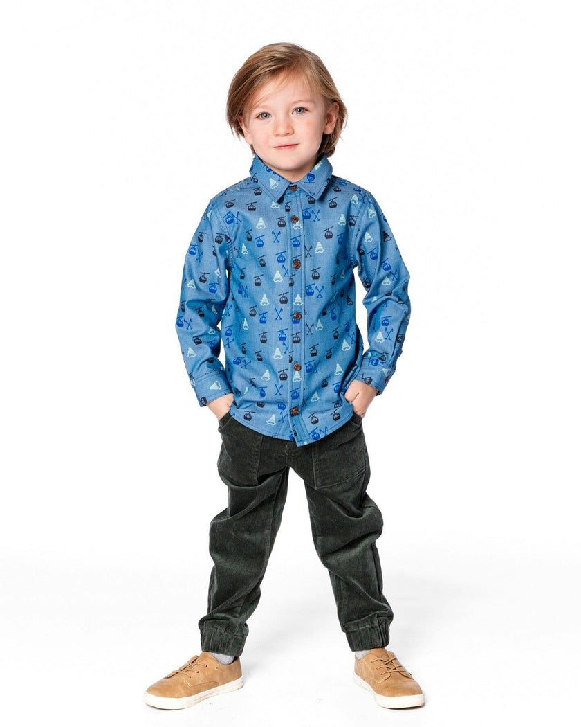 Printed Long Sleeve Button Front Chambray Shirt