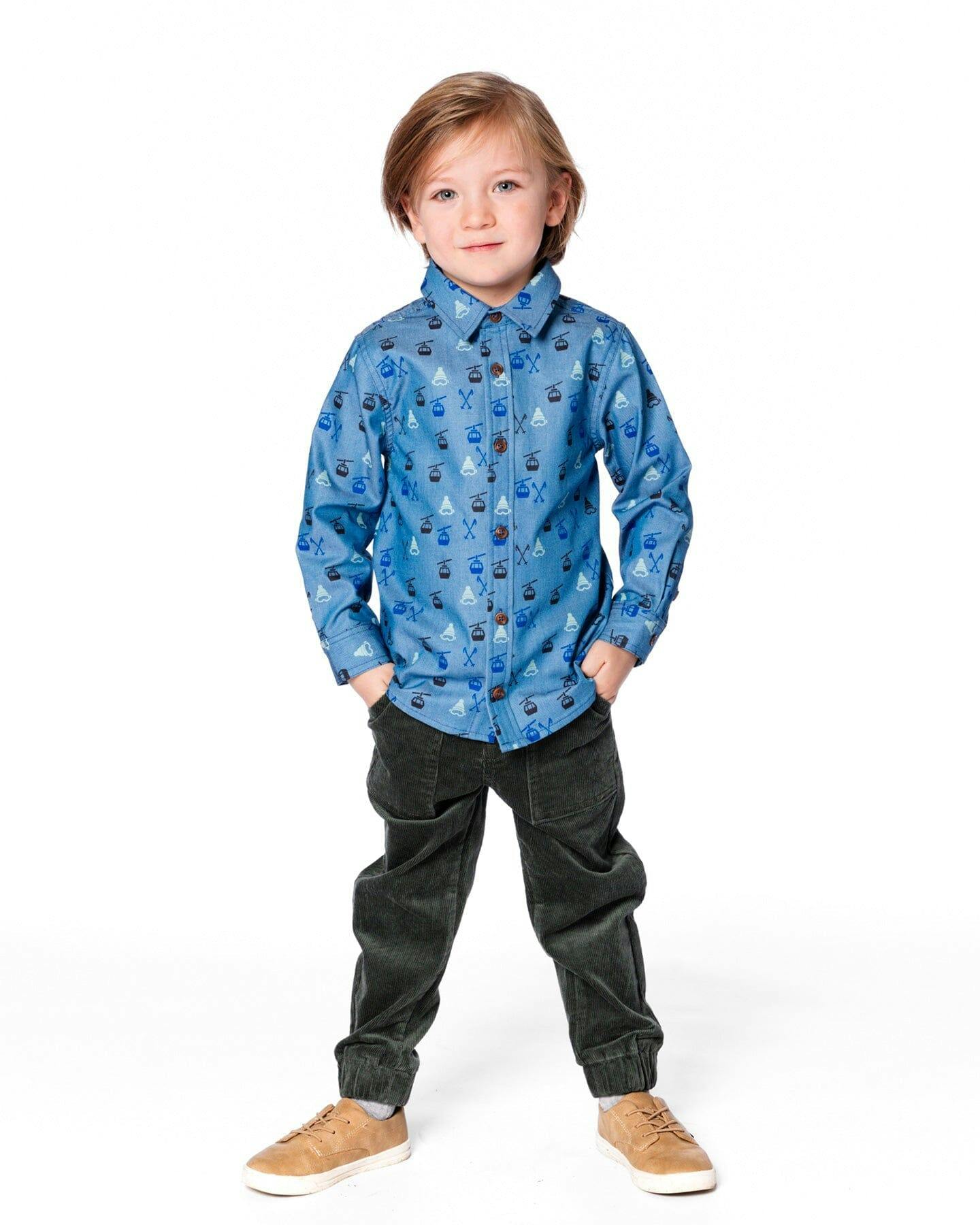 Printed Long Sleeve Button Front Chambray Shirt