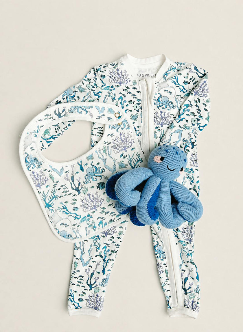 Baby One-Piece and Classic Bib - Coral Reef with Indigo the Octopus - Knit Doll