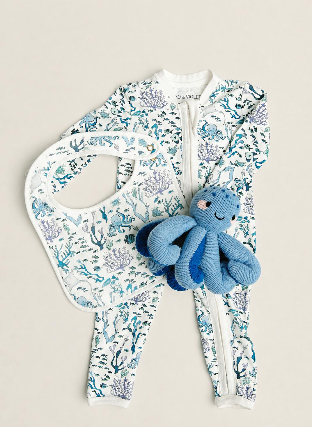 Baby One-Piece and Classic Bib - Coral Reef with Indigo the Octopus - Knit Doll