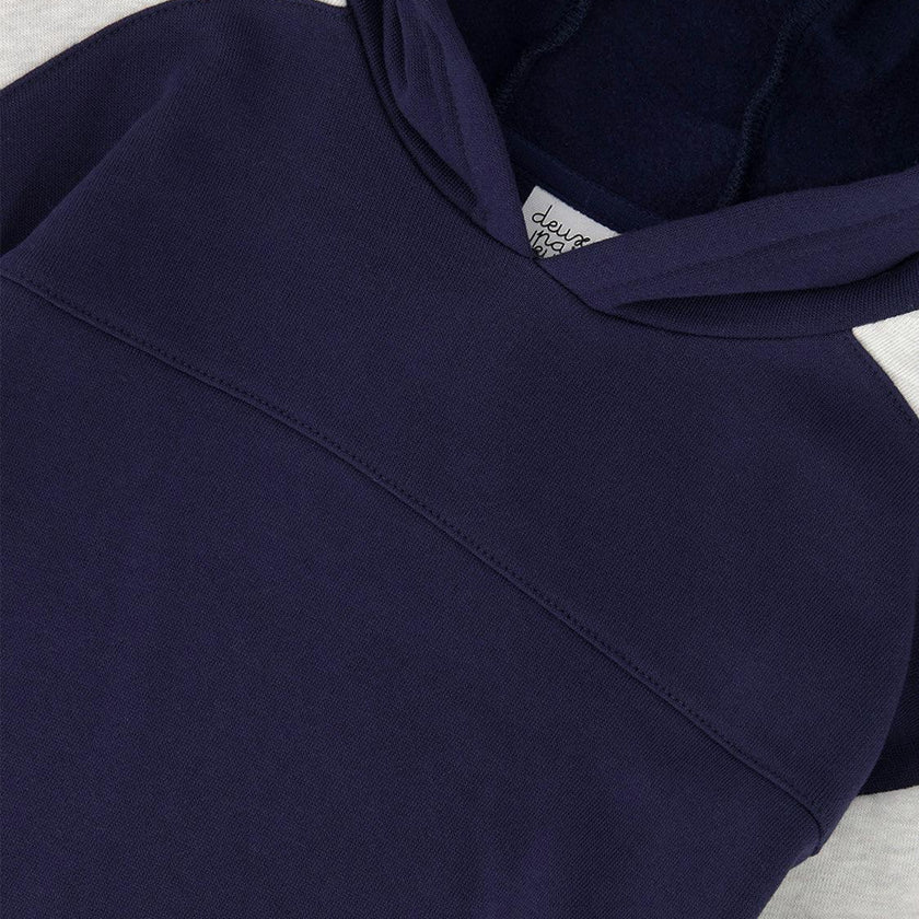 Hooded Striped Fleece Cardigan Dark Blue and Beige