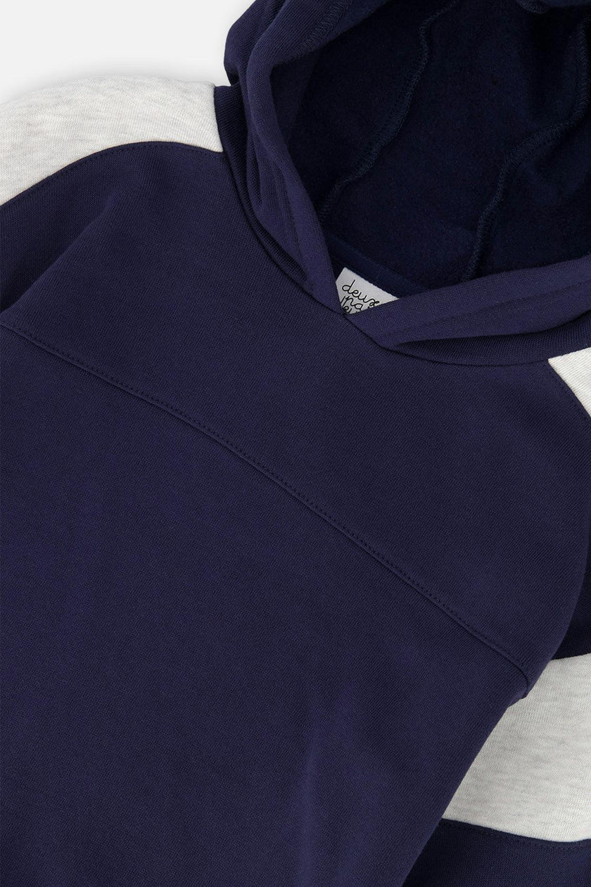 Hooded Striped Fleece Cardigan Dark Blue and Beige