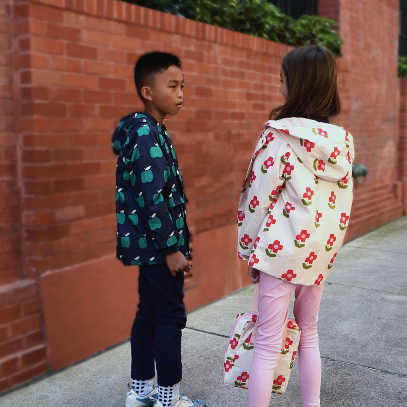 Flower Print Ribbed Cuff Hooded Zipper Raincoat, Pink