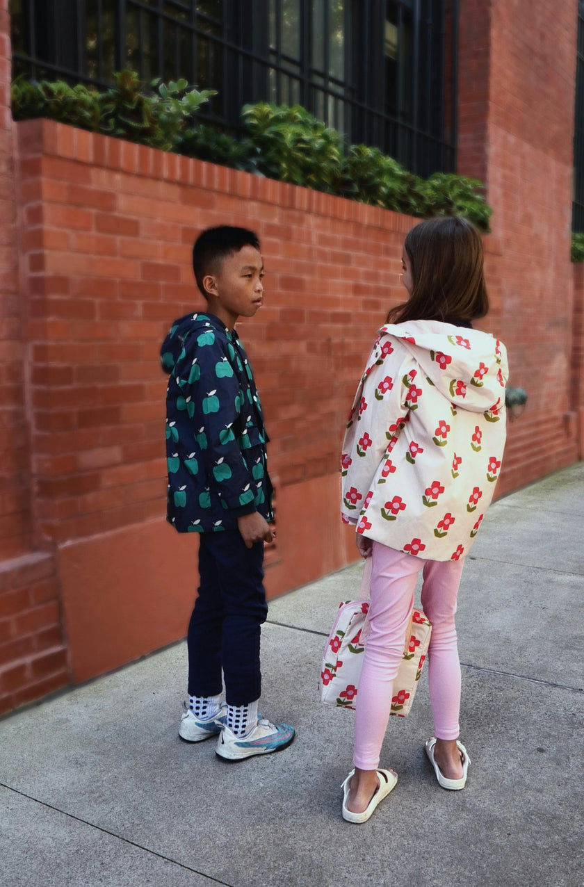 Flower Print Ribbed Cuff Hooded Zipper Raincoat, Pink
