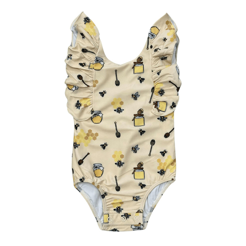 Baby Girl Ruffle Sleeve Cross Back Swimsuit in Honey Bees