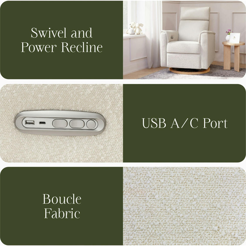 Willa Plus Power Glider Recliner W/ Power Headrest In Ivory Boucle With Light Wood Base