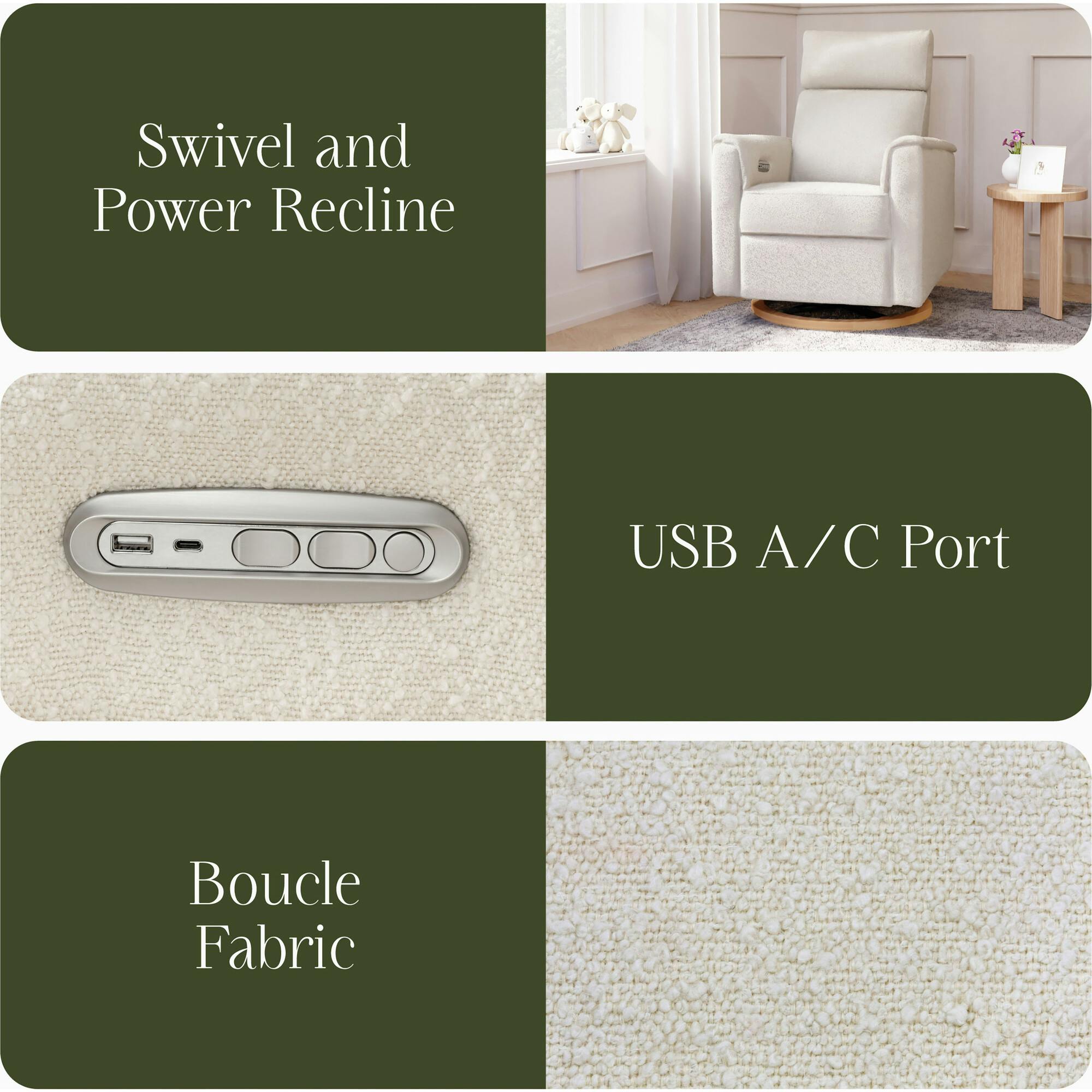 Willa Plus Power Glider Recliner W/ Power Headrest In Ivory Boucle With Light Wood Base