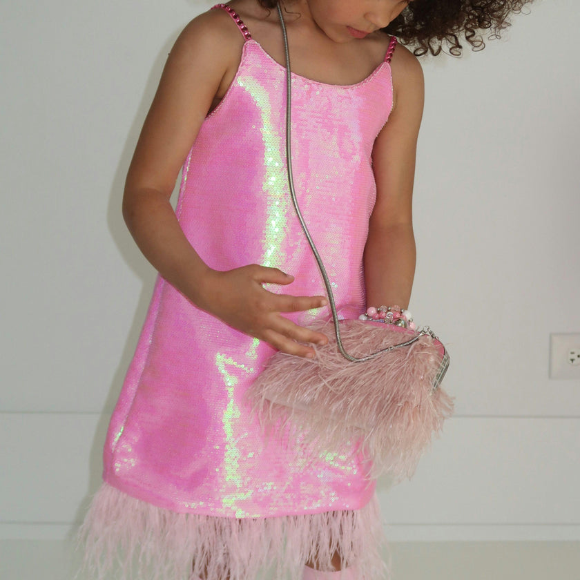 Crystal Feather Trim Sleeve Shimmer Sequin Dress