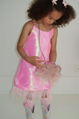 Crystal Feather Trim Sleeve Shimmer Sequin Dress