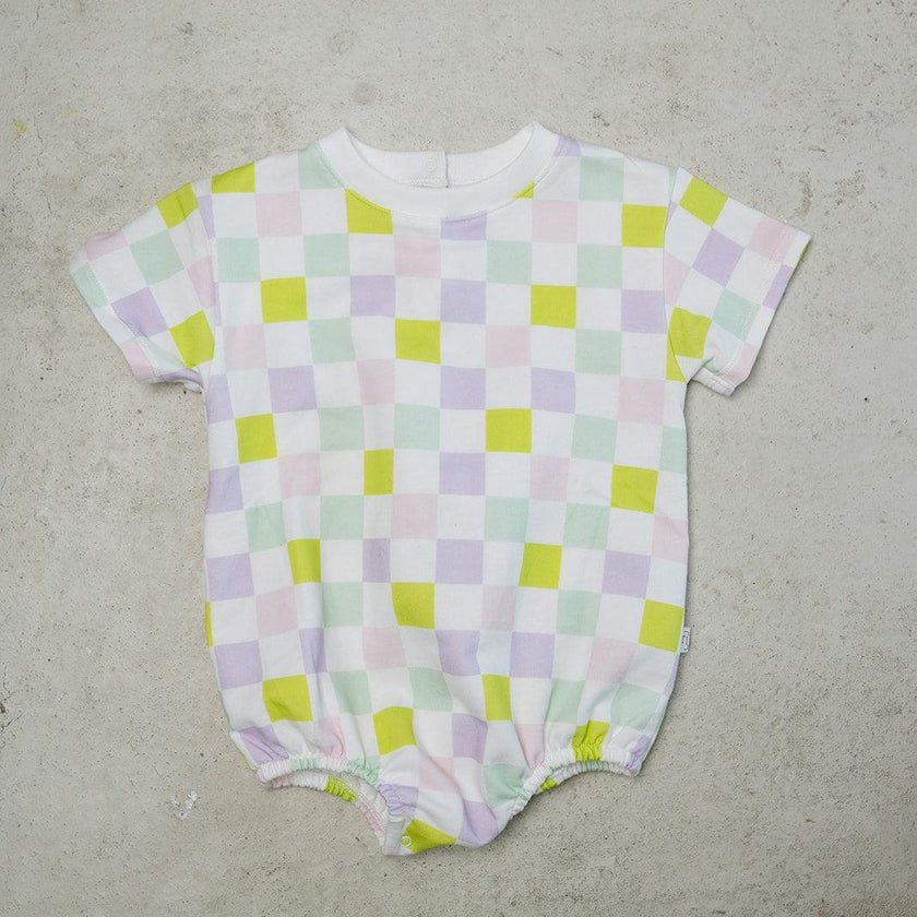 multi-checkered bubble romper