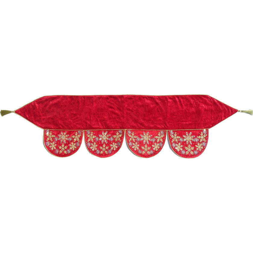 Red Velvet Mantel Scarf Hand Beading and Crewel Embroidery - 72"