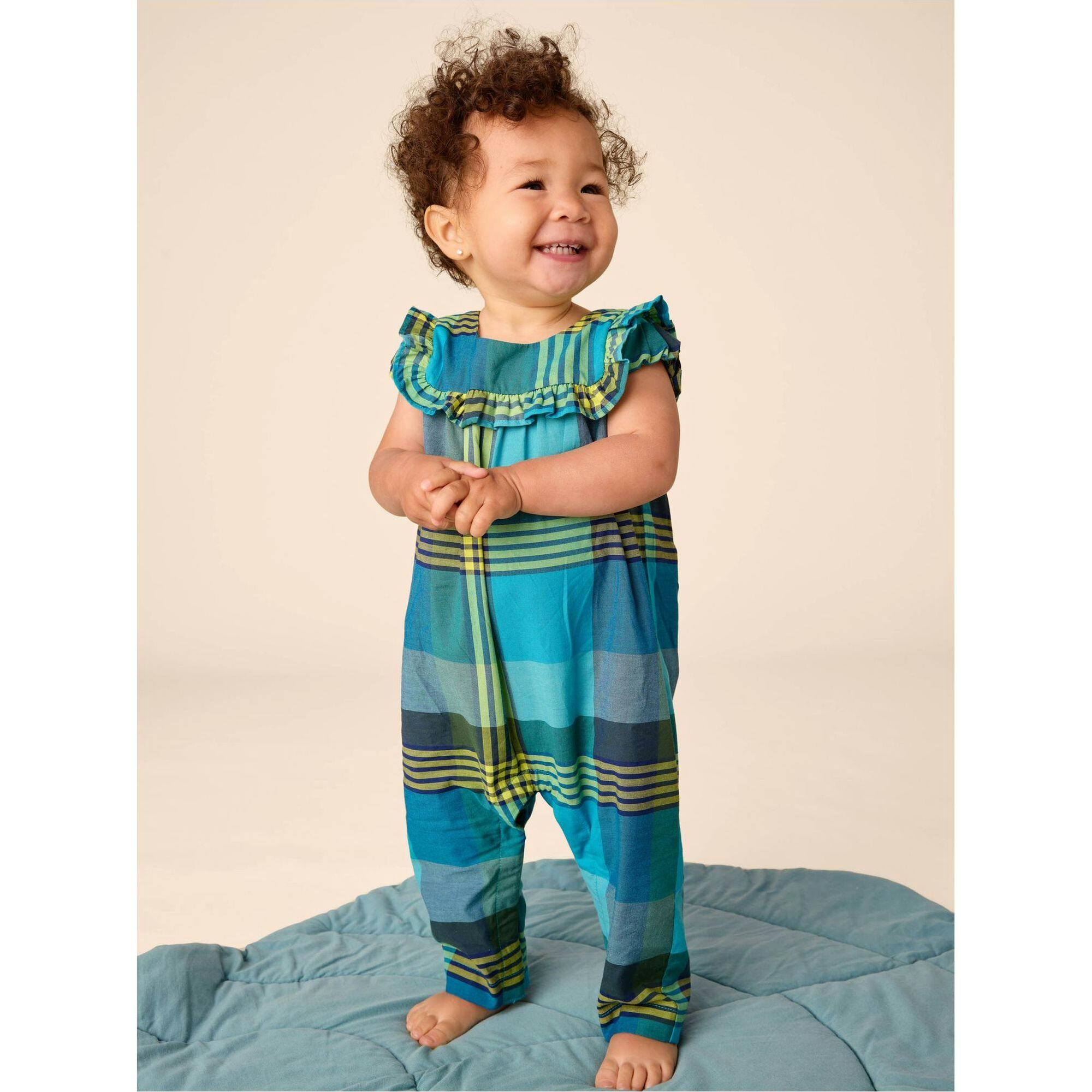 Woven Ruffle Baby Romper, Blue