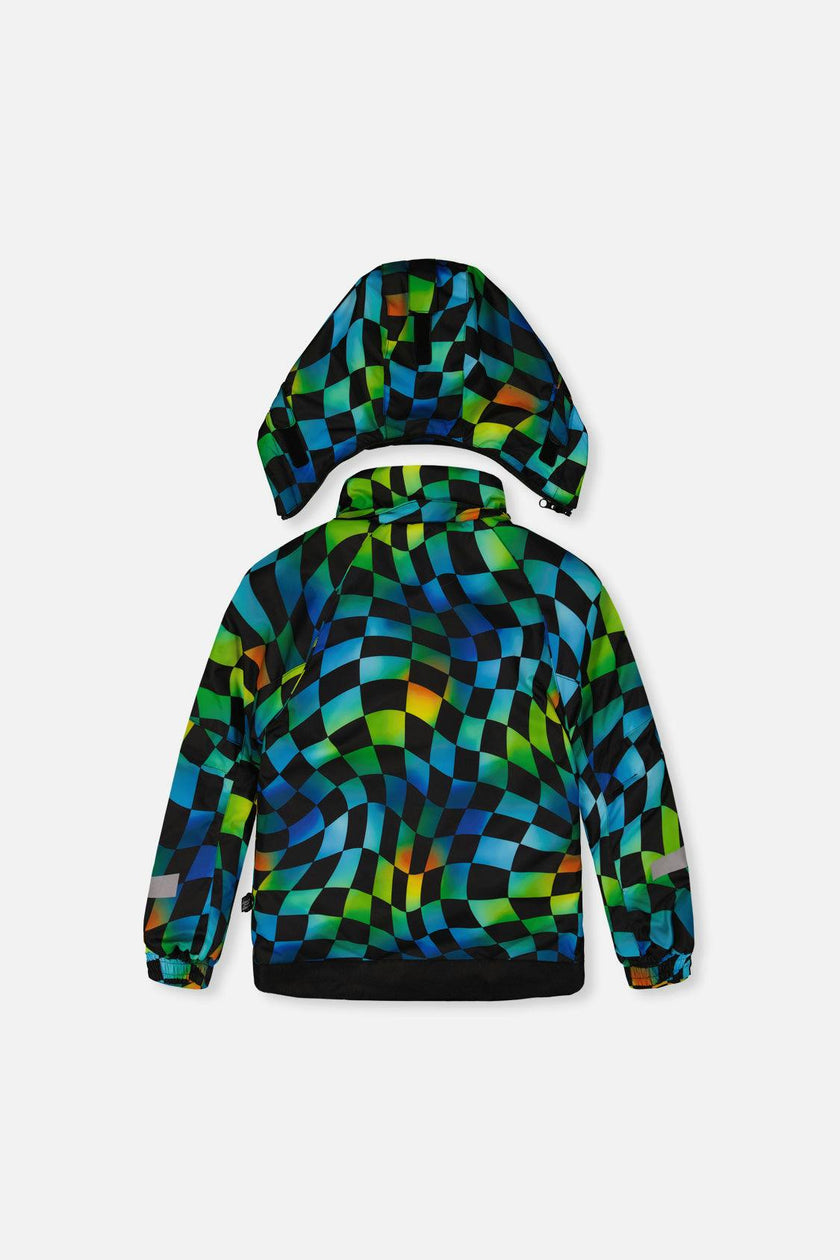 Two Piece Play Snowsuit Green Yellow And Blue Checkerboard With Black Pants