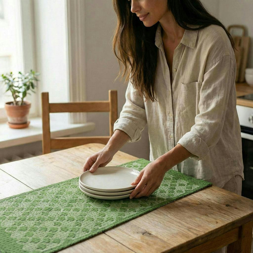 Artisan Hand Loomed Cotton Table Runner - Green Ginkgo - 18"x96"