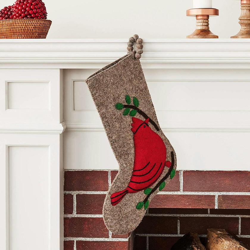 Cardinal Christmas Stocking Hand Felted Wool Gray